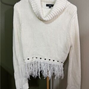 Lulu's Cream Cowl Neck Sweater with Fringe